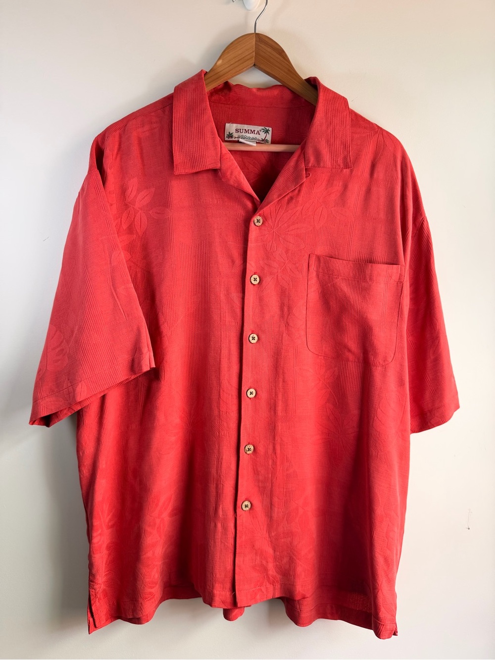 SUMMA Short-Sleeve 100% Silk Red Button-Down Camp Shirt